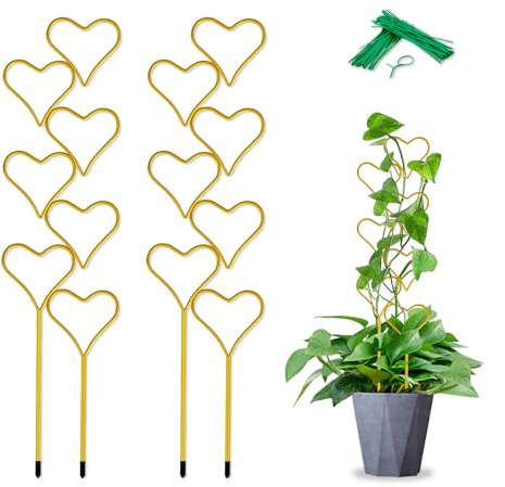 Goldenes Rankgitter für Topfpflanzen, Metall, kleine Rankgitter für Kletterpflanzen, SupKing 43 cm, herzförmige Kletterstütze für Ranken, Rose, Orchidee, Blumenbohnen, Innendekoration, 3 Stück