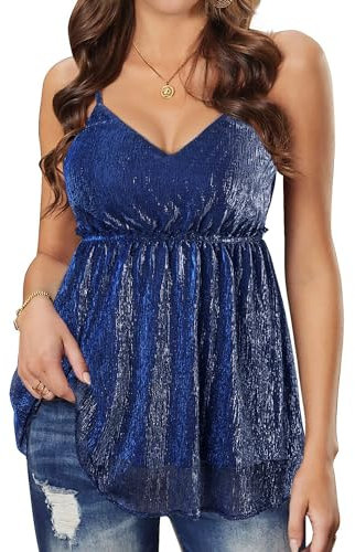 WIEIYM Damen Glitzer Oberteil Sexy V-Ausschnitt Ärmellose Verstellbare Trägertop Tank Tops Rüschen Gestufter Saum Shirt Cocktail Vest Festliche Pailletten Party Rave Outfit Bluse,Blau,2XL