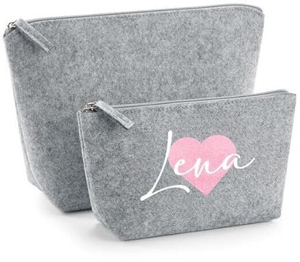 Kosmetiktasche Filz - Tasche mit Name und großem Herz - Schminktasche personalisiert - Kosmetikbeutel mit Namen - Filztasche - Geschenkidee (Hellgrau, S)