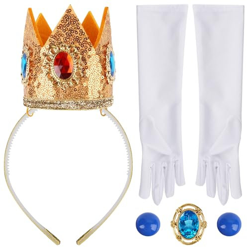 RNHDLY Prinzessin Peach Kostüm Zubehör 4-teilig - Krone, Ohrringe, Handschuhe, Brosche für Mädchen Dekoration, Tanzpartys und Rollenspiele