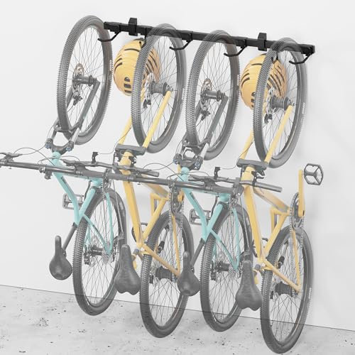 monTEK Bike Storage Rack, 4 Bike Racks & 2 Helmets Hooks for Indoor Bike Storage, Heavy-Duty Steel Bike Hangers for Garage, Bike Wall Mount Max Capacity 265lbs, 48-in