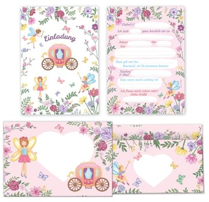 Minkocards 12 Einladungskarten incl. 12 Umschläge Kindergeburtstag Feen Prinzessin Mädchen Einladung Mädchengeburtstag Geburtstagseinladungen