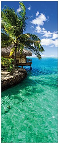 Wallario selbstklebendes Poster - Karibisches Meer Einsame Hütte unter Palmen, Aufkleber in Premiumqualität, Klebefolie Größe: 50 x 125 cm