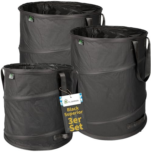 TTL Garden BLACK SUPERIOR 1x 215L 1x 170L 1x 85L Pop Up Gartensack - DOPPELTER BODEN & 260gsm extra stabil 600D Oxford 3er Set 215 Liter Gartenabfallsack Laubsack faltbar Grünschnitt Garten Abfall