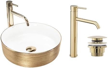 GTM Design Aufsatzwaschbecken Set mit Waschtischbatterie und Stopfen - Aufsatzwaschbecken Oval für Badezimmer - Modern Waschbecken ohne Hahnloch - Waschbecken mit Armature - Modell 4