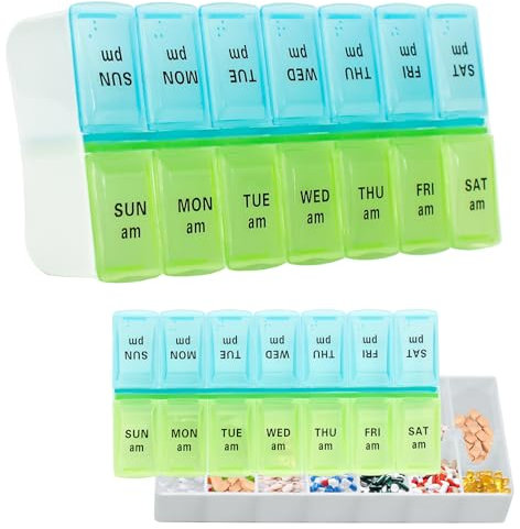 Tablettenbox 7 Tage 2 Fächer Morgens Abends Pillendose Handlicher Wöchentlicher Pillenbox Medikamentendosierer Tablettenbox für Medikamente, Vitamine, Fischöl (Blau und Grün)