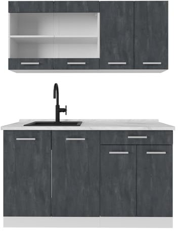 Vicco Singleküche R-Line, Küchenzeile Single, Schwarz Beton/Weiß, 140 cm AP Marmor