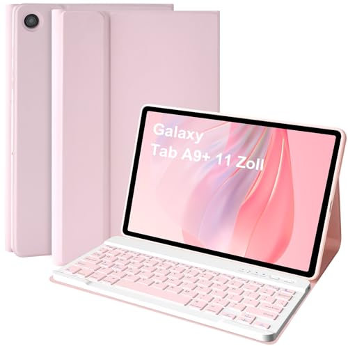 Keyboard Case for Samsung Galaxy Tab A9 Plus 11 Inch 2023 Model (SM-X210/X216/X218), Slim Lightweight Stand Cover with Magnetically Detachable Wireless Bluetooth Keyboard (Pink)