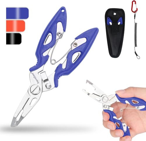 supregear Mini Fishing Pliers, Multi-Function Stainless Steel Tools with Split Ring Opener, Fish Hook Remover, Line Cutter, Sheath, Lanyard, Saltwater Resistant Fishing Gear Accessories, Blue