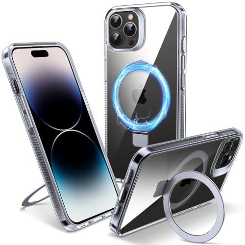 Flyzoo Cover Magnetica per iPhone 14 Pro Max con Supporto Stand ad Anello, [Protezione Antilngiallimento & Antiurto] Custodia Trasparente Posteriore Hard PC Case con Silicone Bordo, 6.7'', Clear