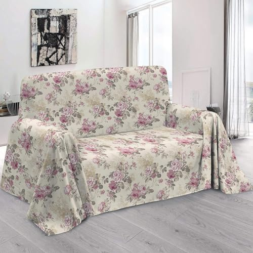 HomeLife Sofaüberwurf mit grauen Blumen [280 x 360] Made in Italy | Mehrzweck-Überwurf aus Baumwolle, ideal für Doppelbett, Sommer-Tagesdecke, Sofaüberwurf, Strandtuch, Auto-Decke für Hunde