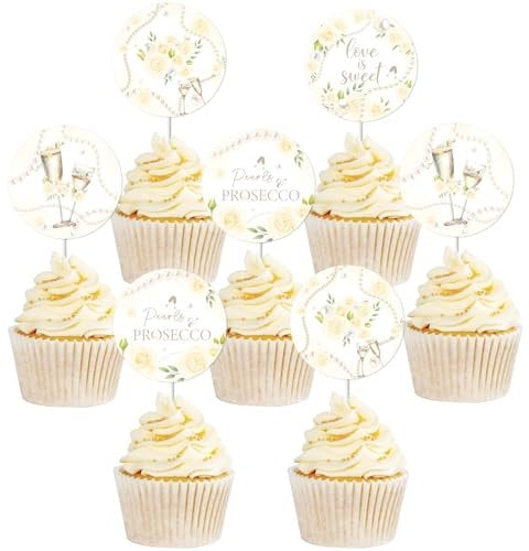 Sursurprise 24Pcs Pearls and Prosecco Cupcake Toppers, Love is Sweet Bridal Shower Decorations, Wedding Shower Bachelorette Engagement Party Cake Decorations Supplies