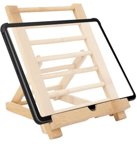 Supports de tablette, support de tablette réglable,Support de bureau pour tablette en bois réglable - Support de téléphone portable de bureau, support de livre de cuisine avec trou de chargement pour