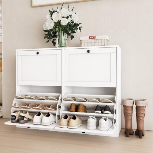 VOWNER Schuhschrank mit 4 Klappen, Schuhschrank Schmal Schuhregal, mit 12 Fächern, Schuhablage Verstellbar, 105 x 30 x 80 cm, Anti-Kipp-Vorrichtung für Eingangsbereich, Flur, (Weiss)