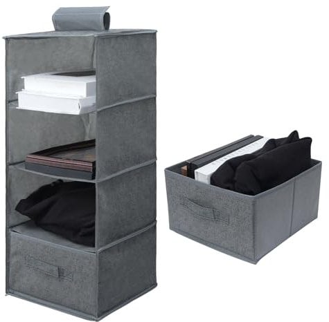 Minnhua Hängeregal Schrank Organizer mit 4 Fächern, Hängeaufbewahrung mit 1 Schublade, Hängeregal Stoff, Closet Organizer für Schlafzimme Wohnwagen Camping (Grau)