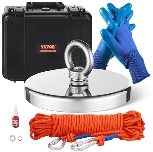 VEVOR Magnet-Angelset Magnet Angel Kit (Orange) 907 kg einseitige Zugkraft, Seltenerd-Neodym-Magnet-Angelset inkl. Enterhaken Hochleistungsseil Handschuhe (Blau) Tragbox Ringschraube Kleber