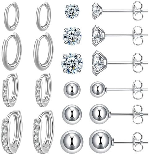 10 Paar Silber Ohrringe Damen 925 Set, Kleine Creolen Silber 925 Hypoallergen Cubic Zirkonia Ohrstecker für Mehrere Ohrlöcher, Stapelbar Stecker Ohrringe für Mehrere Ohrlöcher Schmuck