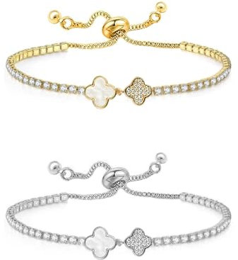 AOWVUTS 2 Stück Vierblättriges Kleeblatt Armband Damen 14K Vergoldet 925 Sterling Silber Armbänder Set Klee Tennis Armband mit Zirkonia Verstellbar Freundschaft Armbänder Schmuck Geschenk für Frauen