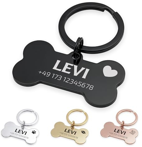 FELLSOCKE Hundemarke mit Gravur aus Edelstahl, Individuell gravierbar, Robuste Tiermarke, Dogtag Anhänger Hunde, Pferde, Katzen & Welpen (Glänzend, Schwarz, 40x21mm)