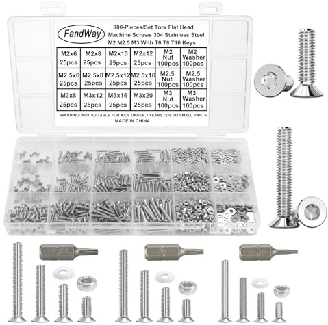 FandWay M2 M2.5 M3 Torx Vis à Métaux et écrous,900 Pièces Vis à Tête Plate Torx,Boulon et écrous Rondelles,Boulons Tete Fraisee Entièrement Filetées en Acier Inoxydable 304.
