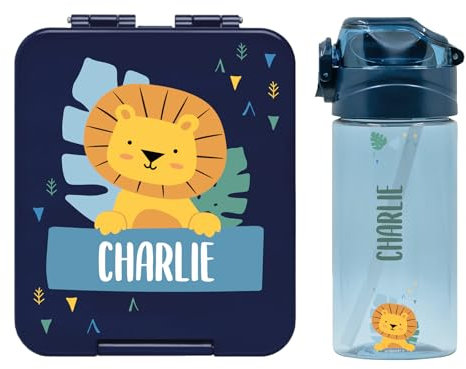 gutmarkiert – Set mit personalisierbarer Trinkflasche für Kinder & personalisierte Brotdose für Kinder aus Plastik – Trinkflasche mit Strohhalm und 450ml–100% BPA-frei (Dunkelblau)