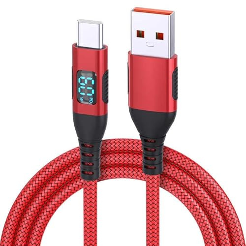 J & R Braided USB Cable, LED display, 60W PD Fast Charging, 1 Metre (USB-C to USB-A, Red)