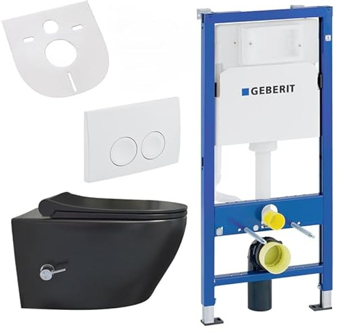 Belvit Set completo per WC sospeso con funzione bidet – WC da parete nero opaco con Taharet e Geberit UP100, attacco per acqua calda e fredda, coperchio WC con abbassamento automatico e piastra di