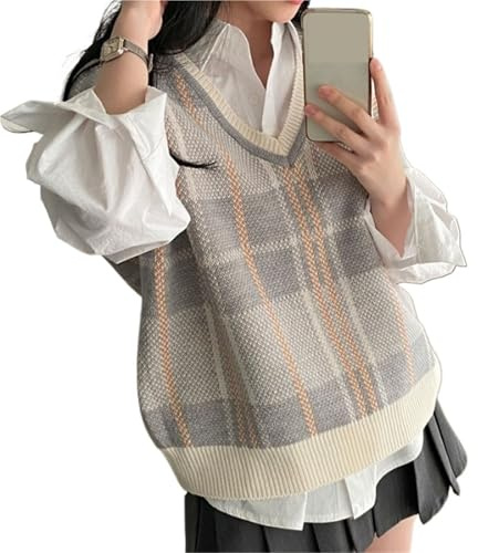 Strickweste ärmellos Vintage V-Neck Plaid Sweater Vest Women Autumn Winter Pullover Loose Tops