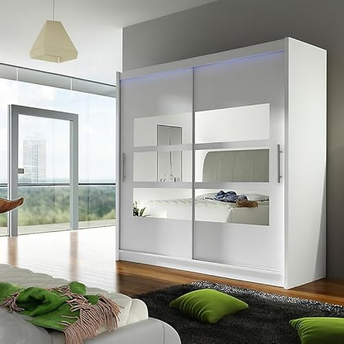 Agritrade AK BEGA III 180cm Wardrobe with Hanging Rail, Sliding Doors, Shelves and Mirror Storage - White with LED Lights
