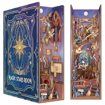 Tonecheer DIY Book Nook 3D Holzpuzzle Modellbausatz für Erwachsene, Miniatur Haus mit Licht Booknook Bastelset Personalisierte Geschenke für Frauen und Männer (Sternen-Magie-Haus)
