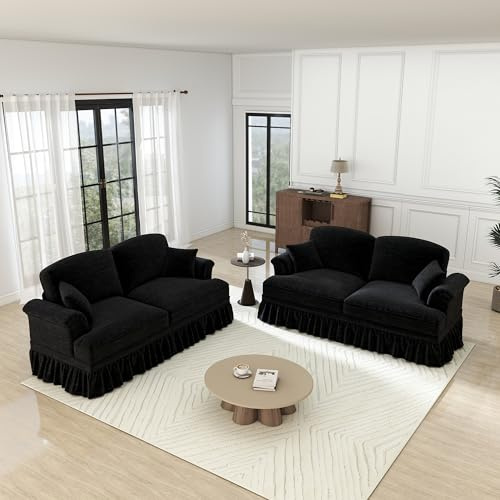 A ALFRESCOOL L Sofa mit Schlaffunktion, Sofa 4 Sitzer, Mittelalterlich Stil, mit Trichter-Armlehnen, Abnehmbarer Rüschenschürze & Spindelförmigen Beinen, Chennille-Stoff, 194×83.5×93cm (Schwarz)