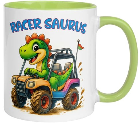 Dino Tasse | Racer Saurus - Dinosaurier als Rennfahrer im Off-Road Auto | Lustige Dinosaurier Tasse mit Spruch | Witziger Becher im Renn Design