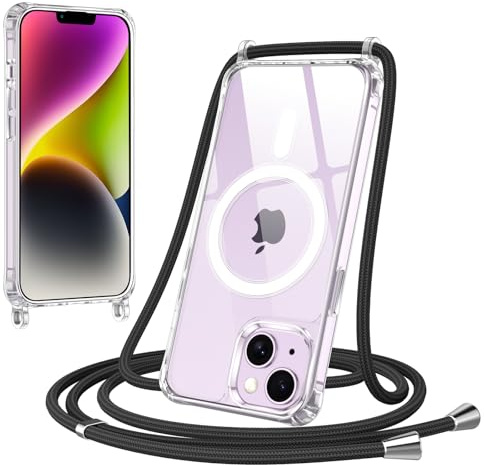 Jrkvniv Magnétique Coque pour iPhone 14 Plus avec Cordon, Compatible avec MagSafe Transparent Réglable Lanyard Necklace Case, Ultra Mince Souple Silicone TPU Antichoc Housse pour iPhone 14 Plus, Noir