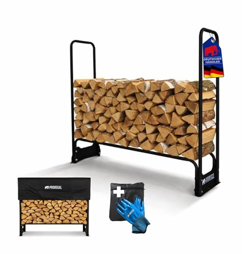 PROREGAL Kaminholzregal CHIMERA außen Metall inkl Abdeckung & Handschuhe 117x130x36cm Schwarz wetterfest Holzunterstand Kaminholzlager aus Stahl Brennholzregal Outdoor Holzstapelhilfe mit Plane