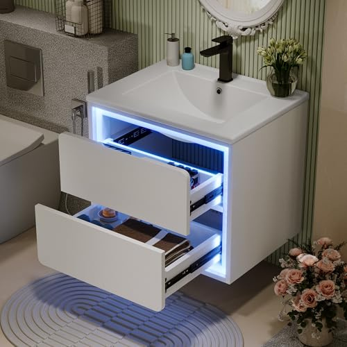 Waschtisch mit Waschbecken Weiß 60 cm Badmöbel Set Hängend LED Sensor Beleuchtung Badezimmerschrank Keramik Volllackiert 2 Softclose Schubladen Modern