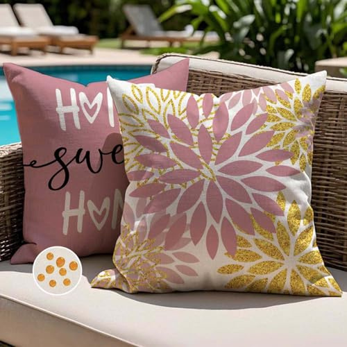 Jayusaror Kissenbezug 50x50 Outdoor Kissen Wetterfest Kissenhülle Rosa Gold Dahlien Blumen Zierkissenbezug Cushion Cover Kissenbezüge für Sofa Garten Terrasse Balkon Außenbereich Deko 2er Set