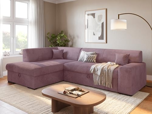 BROMARKT Ecksofa mit Bettkasten Schlaffunktion L 260cm Links Puderrosa | Wohnlandschaft mit Schlaffunktion und Bettkasten L-Form Schlafcouch Eckcouch Bettsofa 3 sitzer Cordstoff Sofa für Wohnzimmer