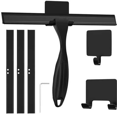 Solyxis 25 Cm Tergivetro per Doccia In Acciaio Inossidabile | con 2 Ganci Autoadesivi & 3 Labbra Silicone, Antiscivolo & Maneggevole, Tiraacqua Vetri Doccia Raccogli, Per Bagno, Nero