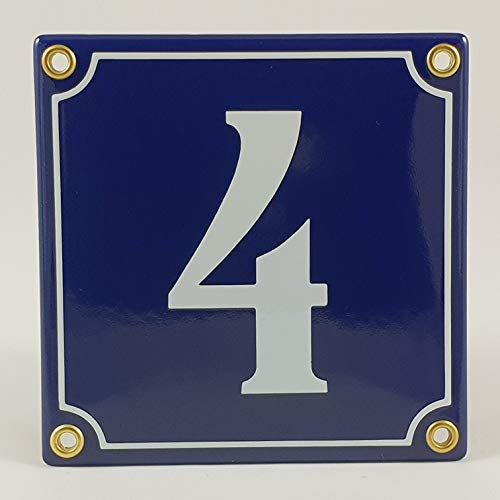 Emaille Schild Hausnummer 4 Blau-Weiß Handarbeit