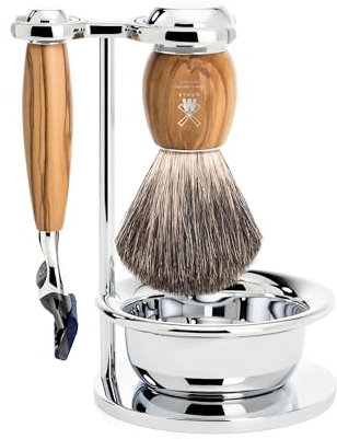 MÜHLE Vivo Rasierset kompatibel mit Gillette-Klingen, Dachshaar-Rasierpinsel, Halterung mit Schale - Olivenholz-Griffe