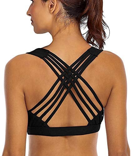 YIANNA Damen Sport BH Gepolstert Push Up Ohne Bügel Yoga BH Starker Halt X-Rücken Bustier Sport Bra Top Shirt Schwarz, YA 147 Size L