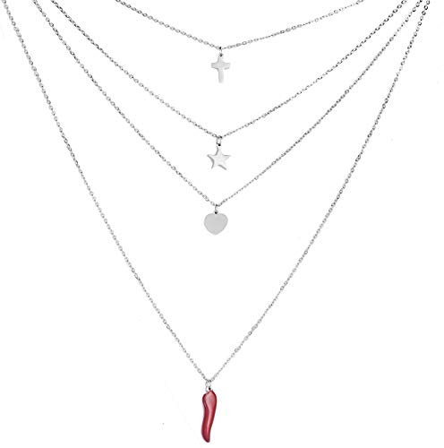 inSCINTILLE Corni Collana Multifilo in Acciaio Inossidabile con Charms e Corno Portafortuna