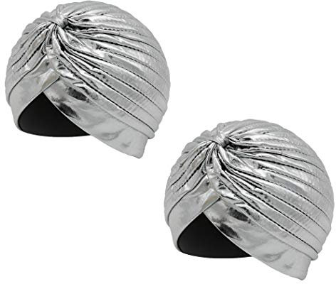 Hut mit Plisseekopf, Turban, Indien, Kapuze, arabisch, Festival, Vintage, einfarbig, Unisex, Silber x 2, One size