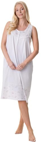 Camille 100% Cotton Sleeveless Women's Nightie | Below Knee Length Nightdress | Comfortable & Breathable Traditional Nighty With Button Fastening | Classic Nightwear | White 18-20