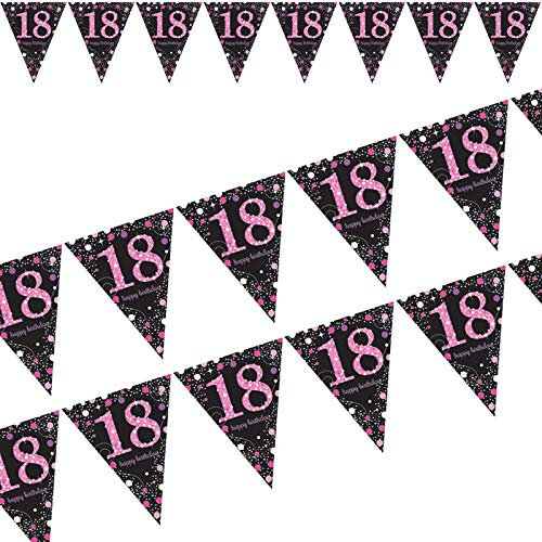 Carpeta 4m Wimpelkette * Zahl 18 * in Pink-Silber-Schwarz | Metallic-Glitzer-Deko zum 18. Geburtstag oder Jubiläum | Sparkling Dekoration Volljährigkeit