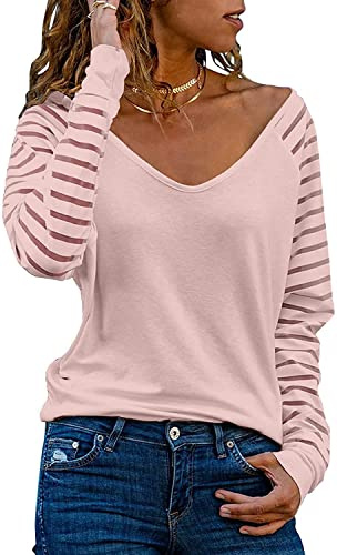 Dokotoo Damen Oberteile Rosa Streifen Mesh Langarmshirt Casual V-Ausschnitt Bluse Shirt Tops Large