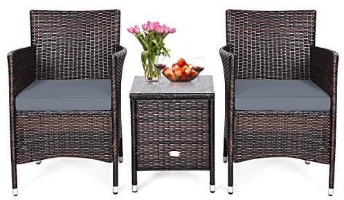 Happygrill Set di 3 pezzi per conversazione da patio, in rattan, con tavolino, sedie e cuscini spessi, set bistrot per esterni, patio, giardino, prato, cortile, piscina