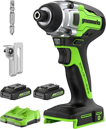 Greenworks 24V Brushless Cordless Impact Driver Kit, 2650 in./lbs Torque 1/4-inch Hex, Variable Speed Impact Drill/Driver Set, Included (2) USB (Power Bank) Batteries and Dual Port Charger, Bits