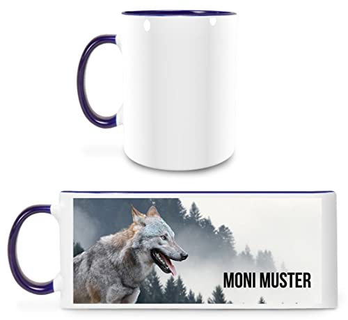 Manutextur Tasse mit Namen - personalisiert - Motiv Wolf - viele Farben & Motive - weiß/dunkelblau - persönliches Geschenk mit Wunsch-Motiv und Wunsch-Name