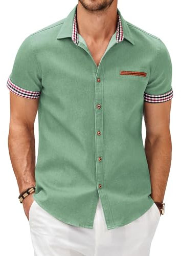 COOFANDY Mens Short Sleeve Shirts Denim Work Dress Shirts Plaid Collar Regular Fit Business Casual Shirt Cotton Non Iron Party Summer Beach Shirt Celadon Green S